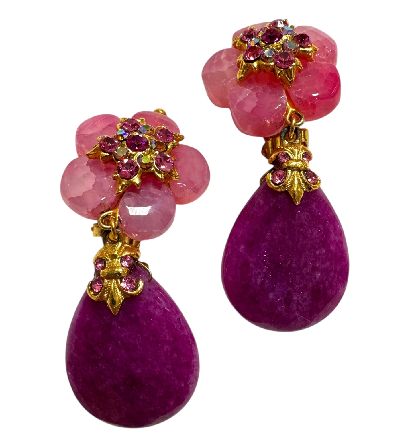 1980s Pink Teardrop Floral Clip On Earrings
