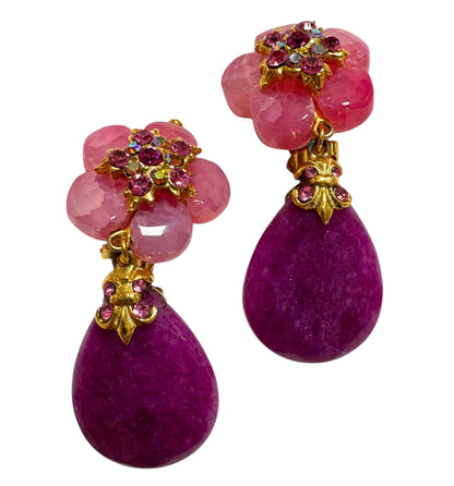 1980s Pink Teardrop Floral Clip On Earrings