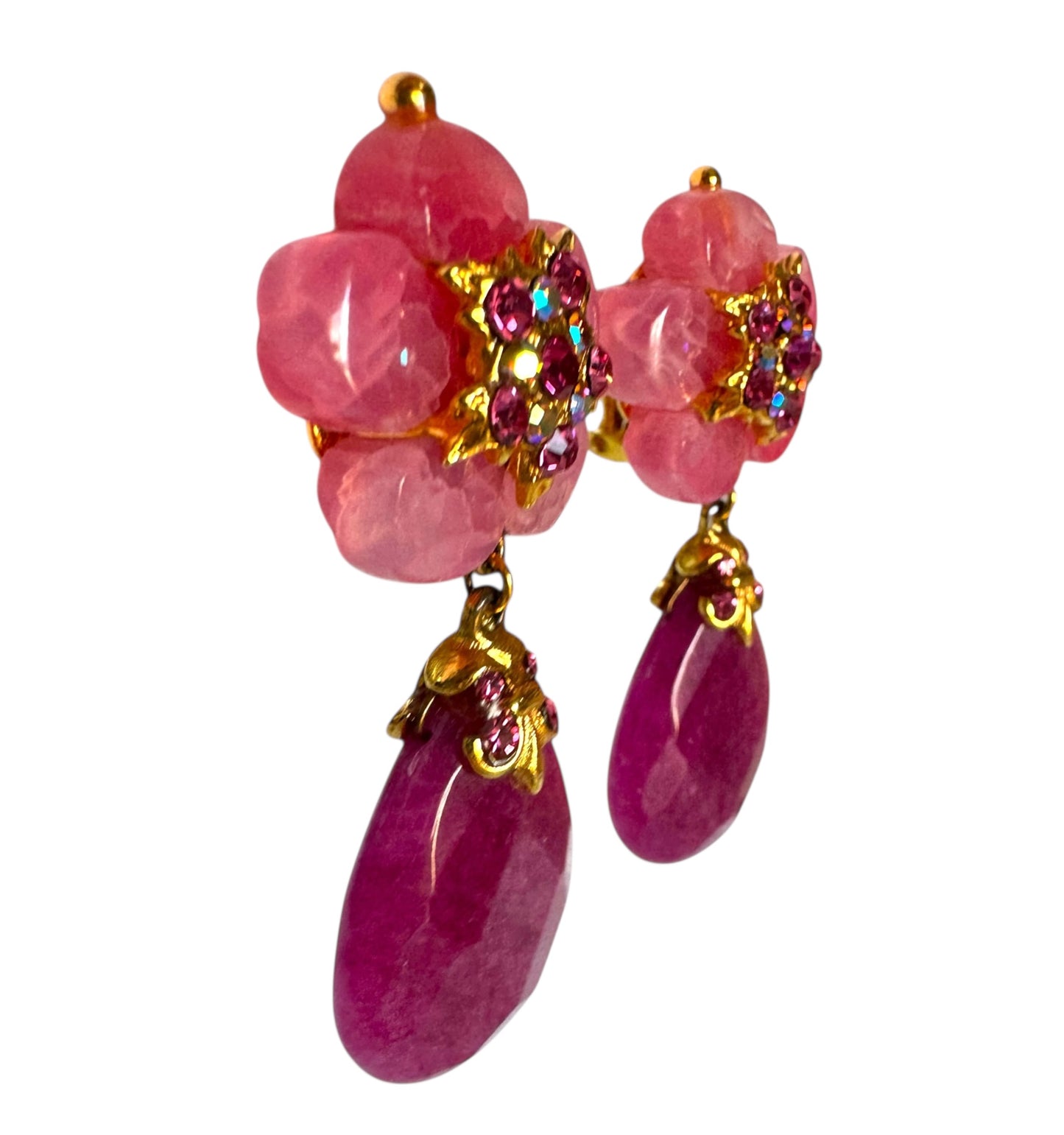1980s Pink Teardrop Floral Clip On Earrings