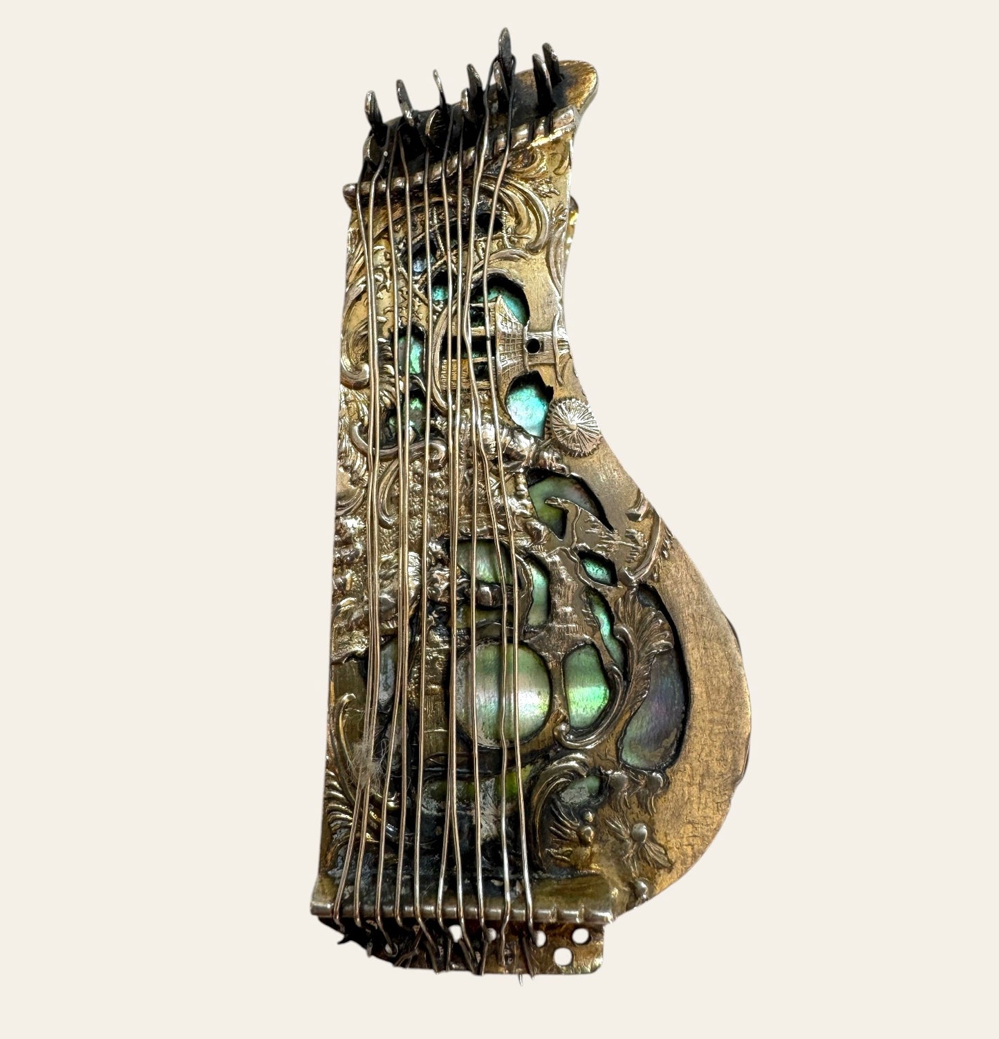 Antique Silver Harp Trinket Box with Abalone Inlay