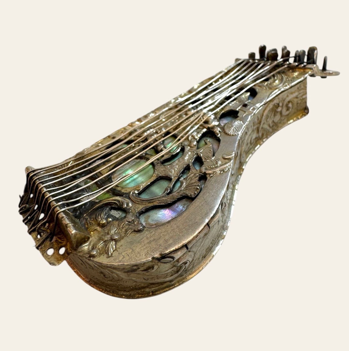 Antique Silver Harp Trinket Box with Abalone Inlay