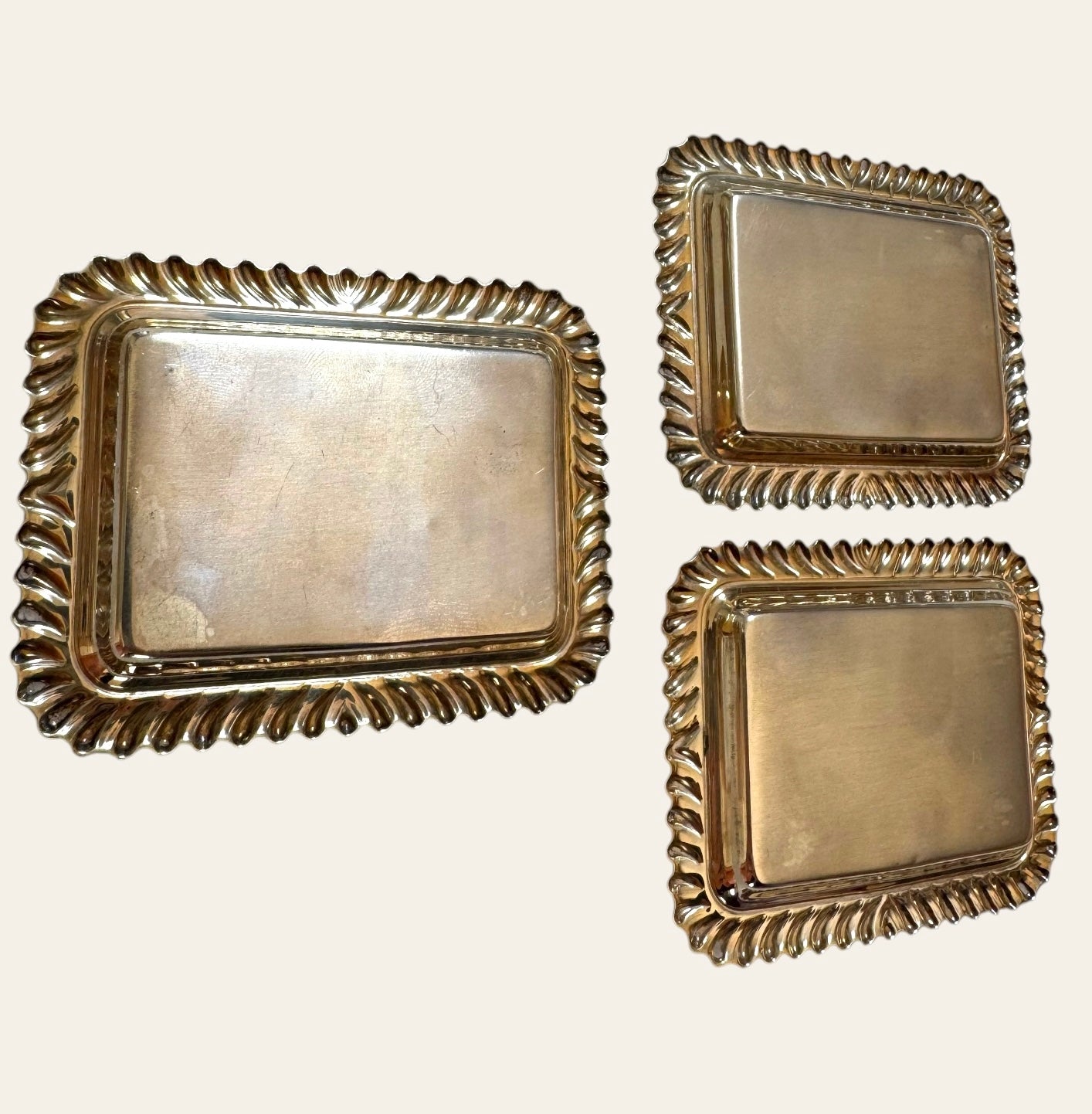 Set of Three Antique English Solid Sterling Silver Trays — Rococo Rope Edge Design, RC Maker’s Mark (London, 1920s)