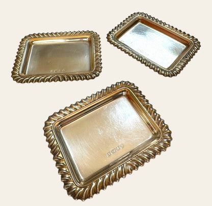 Set of Three Antique English Solid Sterling Silver Trays — Rococo Rope Edge Design, RC Maker’s Mark (London, 1920s)