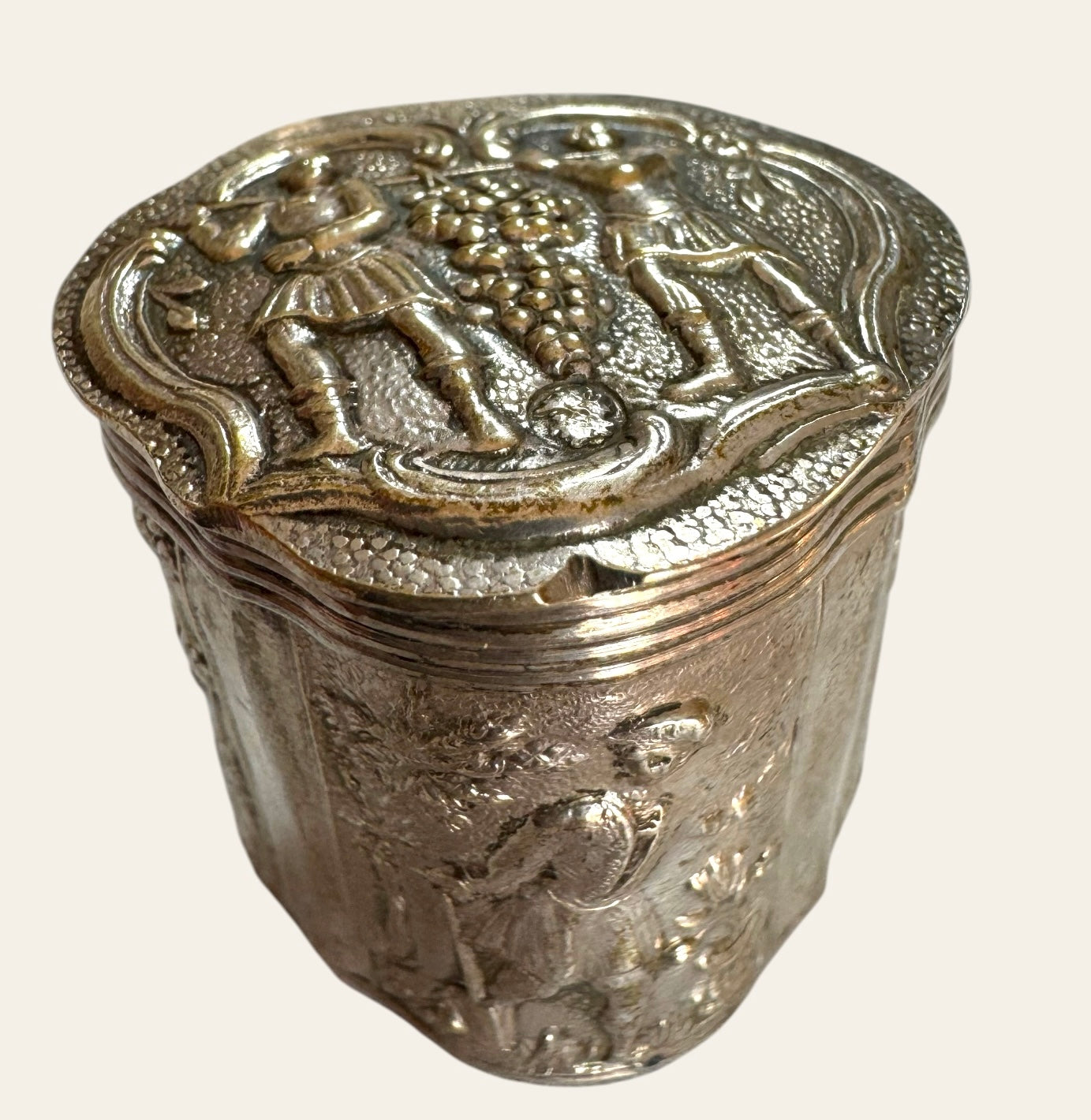 Antique Silver Repoussé Snuff Box with Pastoral Scene