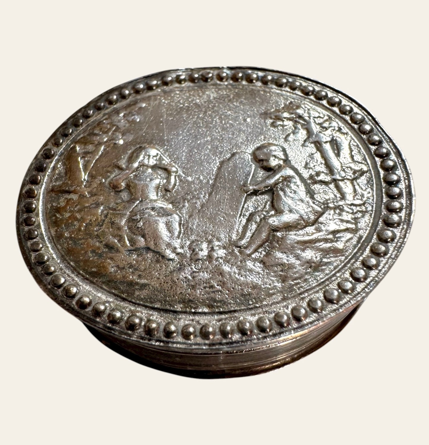 Antique Georgian Sterling Silver Snuff Box with Rococo Scene