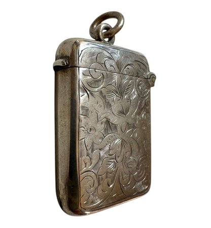 Victorian Sterling Silver Vesta Pendant — Floral Engraved Match Safe Necklace (c.1880s)