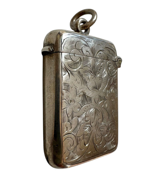 Victorian Sterling Silver Vesta Pendant — Floral Engraved Match Safe Necklace (c.1880s)