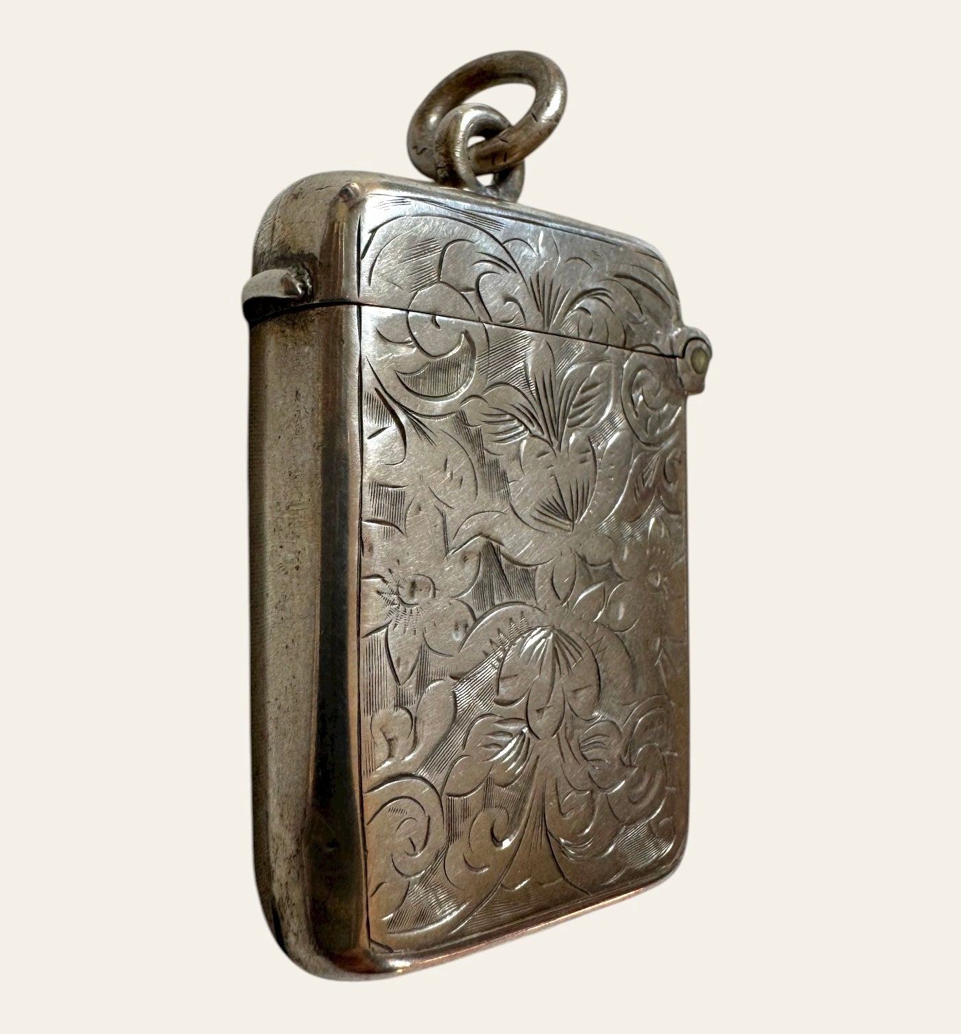 Victorian Sterling Silver Vesta Pendant — Floral Engraved Match Safe Necklace (c.1880s)