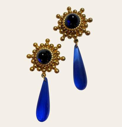 Massive Vintage Blue Gold Statement Clip On Earrings