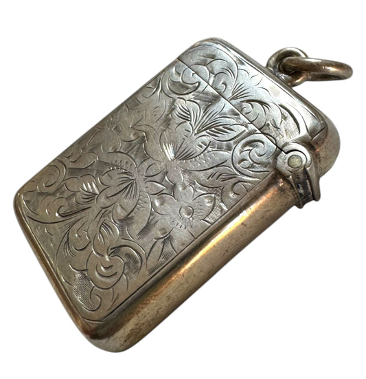 Victorian Sterling Silver Vesta Pendant — Floral Engraved Match Safe Necklace (c.1880s)