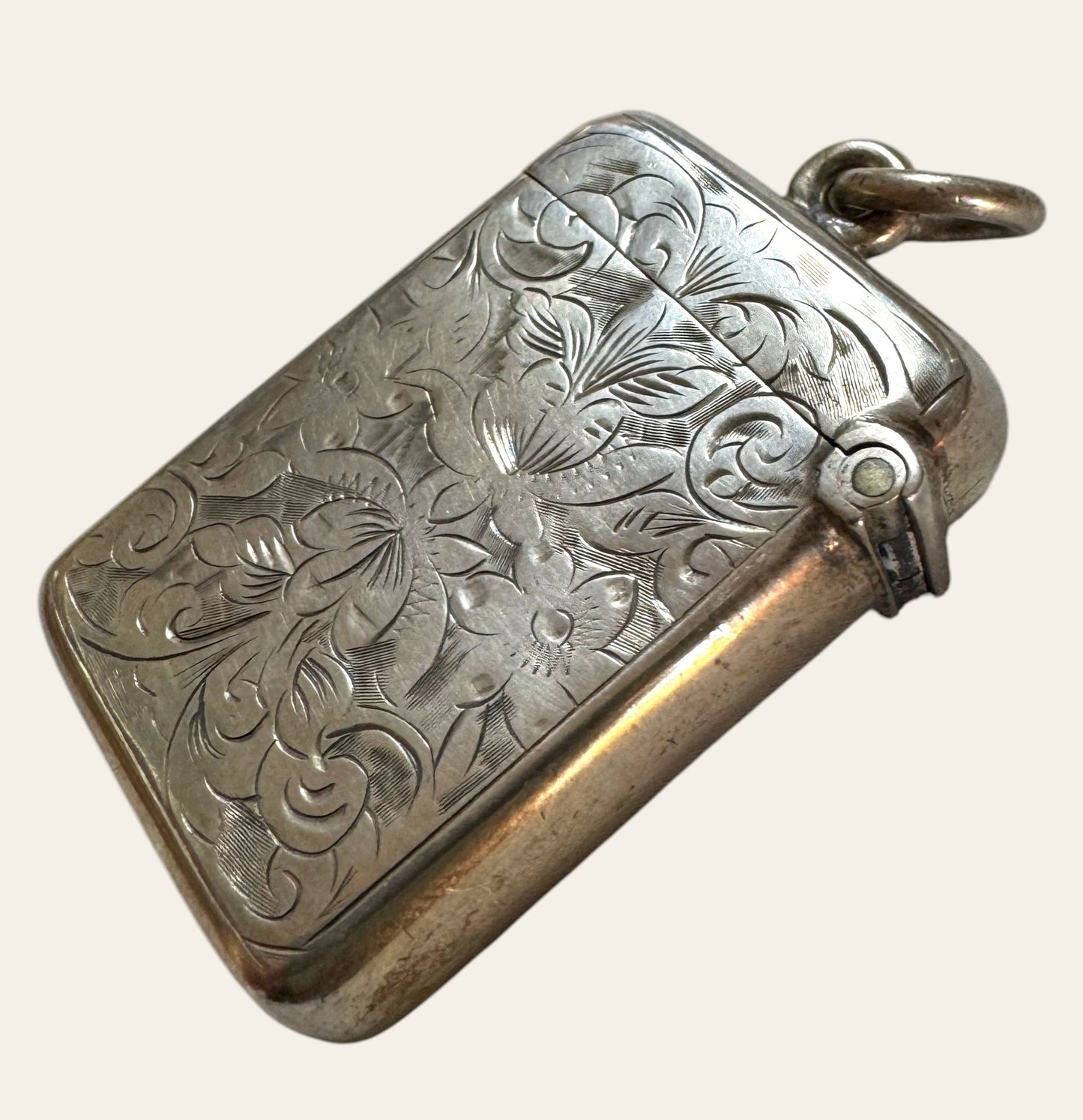 Victorian Sterling Silver Vesta Pendant — Floral Engraved Match Safe Necklace (c.1880s)