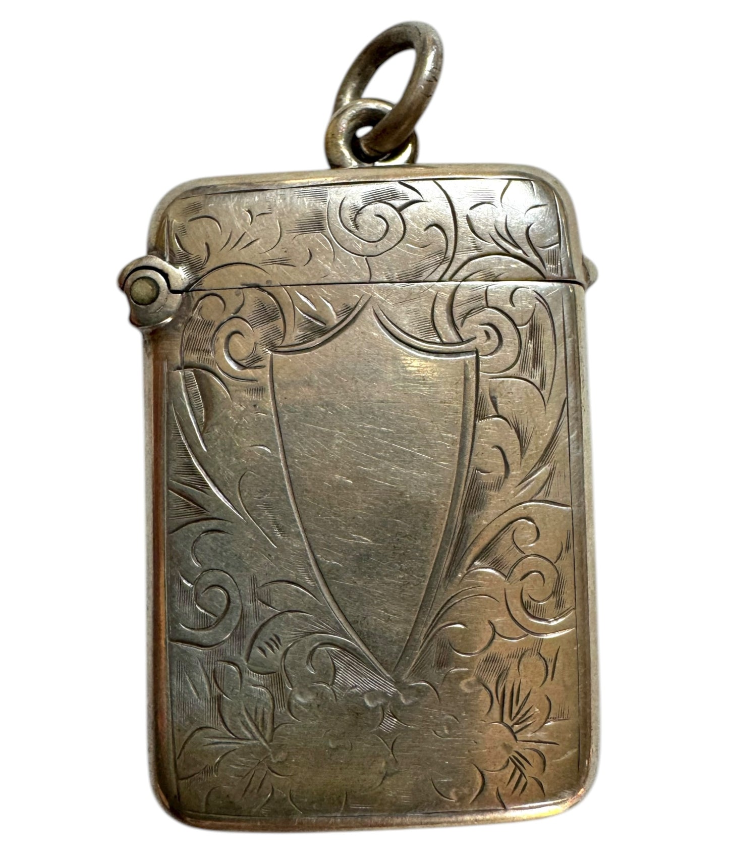 Victorian Sterling Silver Vesta Pendant — Floral Engraved Match Safe Necklace (c.1880s)