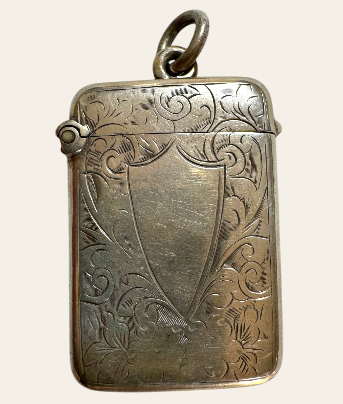 Victorian Sterling Silver Vesta Pendant — Floral Engraved Match Safe Necklace (c.1880s)