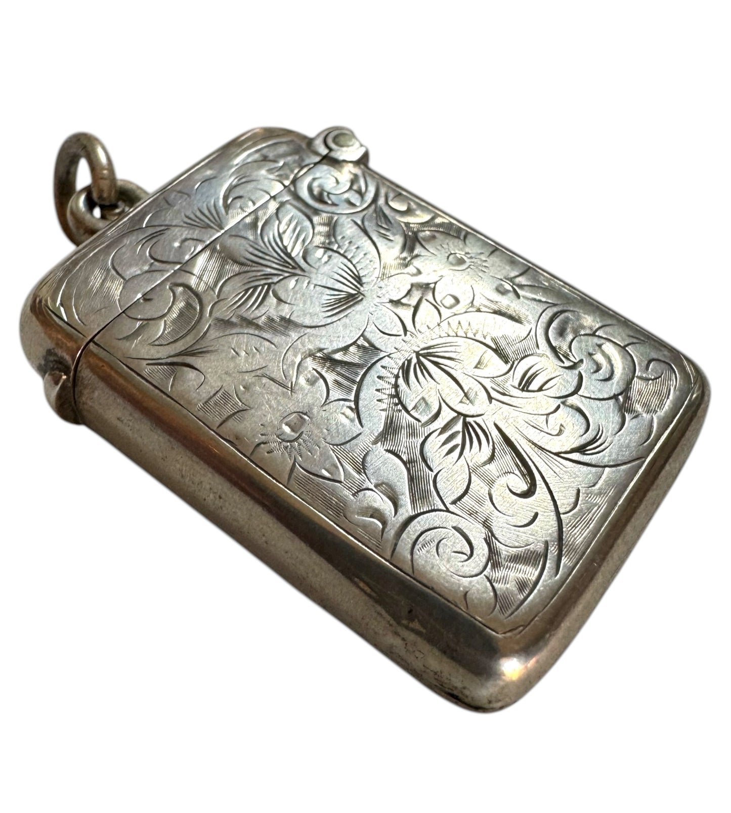 Victorian Sterling Silver Vesta Pendant — Floral Engraved Match Safe Necklace (c.1880s)