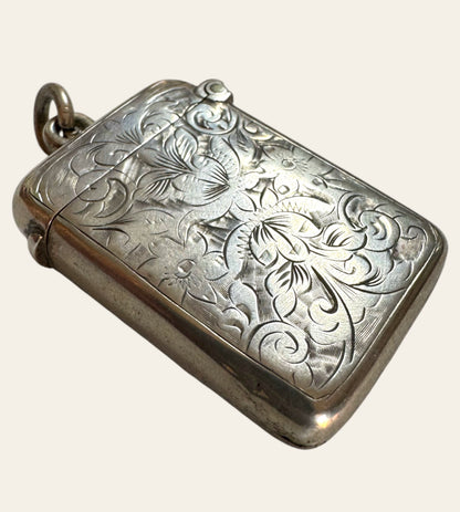Victorian Sterling Silver Vesta Pendant — Floral Engraved Match Safe Necklace (c.1880s)