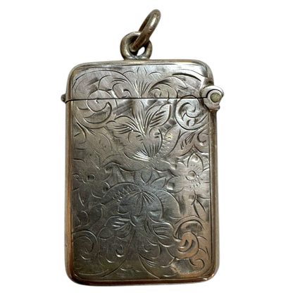 Victorian Sterling Silver Vesta Pendant — Floral Engraved Match Safe Necklace (c.1880s)