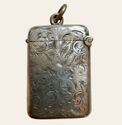 Victorian Sterling Silver Vesta Pendant — Floral Engraved Match Safe Necklace (c.1880s)