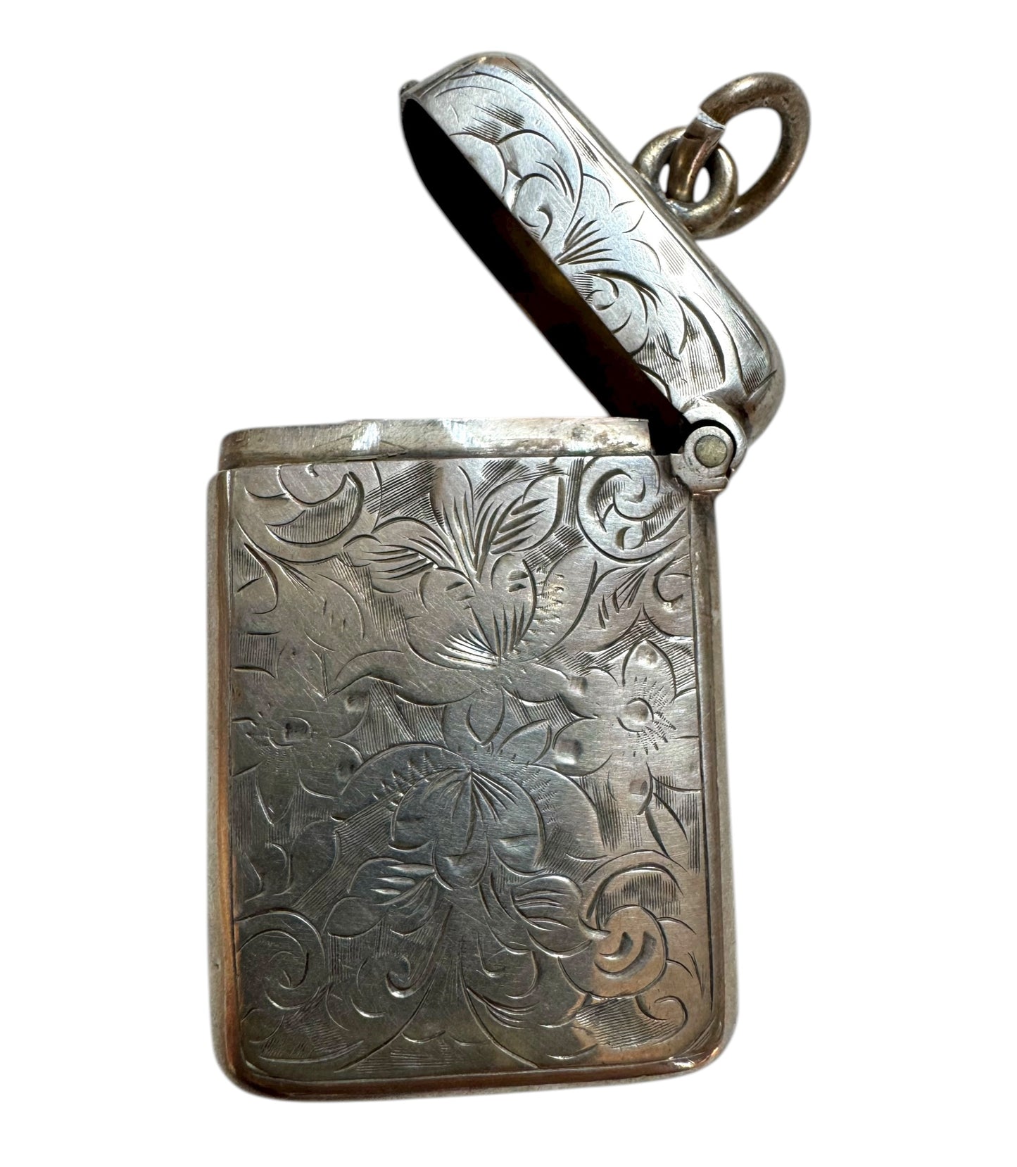 Victorian Sterling Silver Vesta Pendant — Floral Engraved Match Safe Necklace (c.1880s)