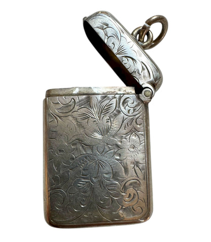 Victorian Sterling Silver Vesta Pendant — Floral Engraved Match Safe Necklace (c.1880s)