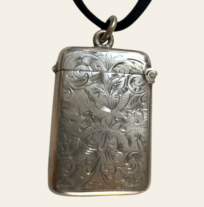 Victorian Sterling Silver Vesta Pendant — Floral Engraved Match Safe Necklace (c.1880s)