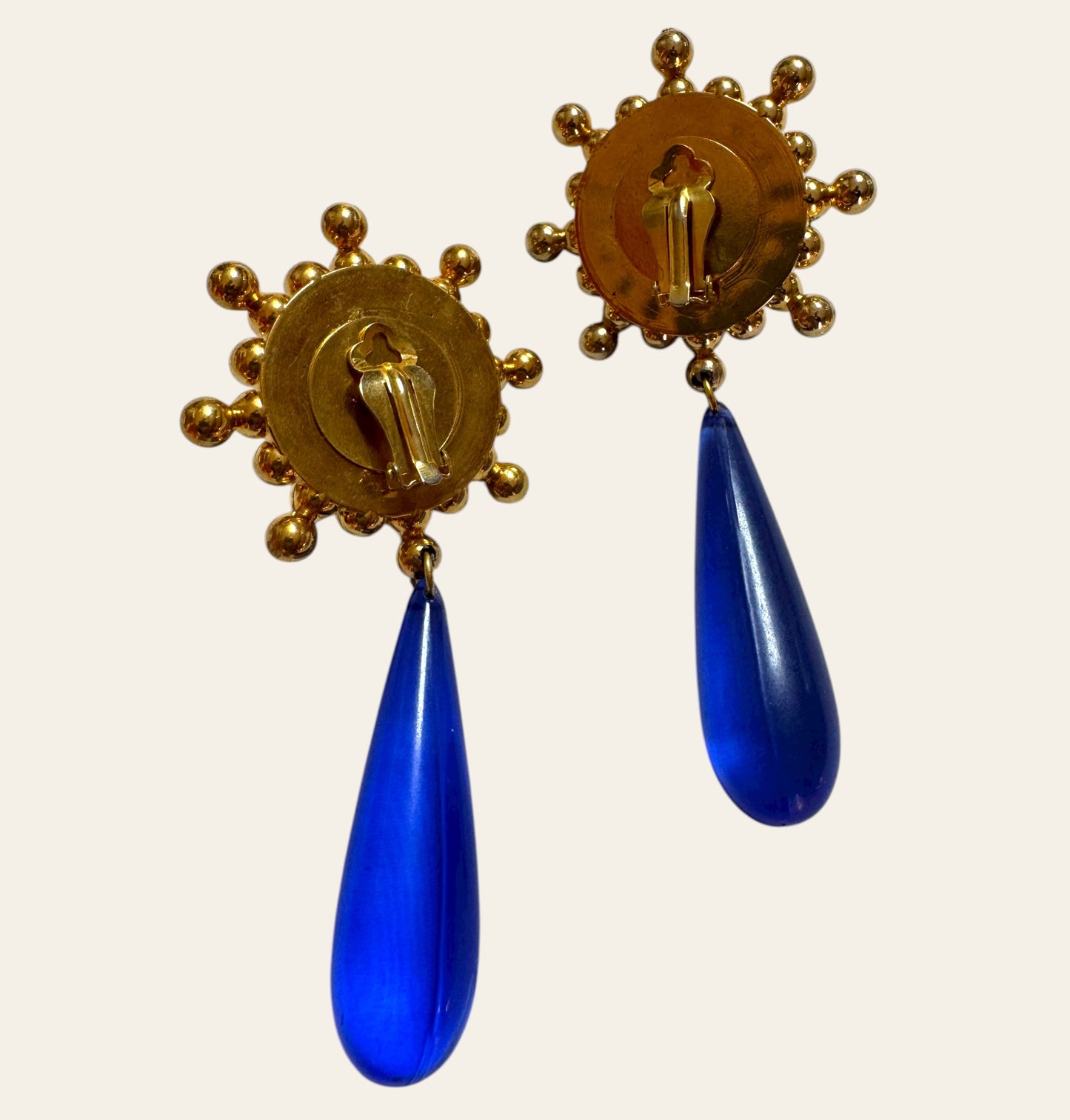 Massive Vintage Blue Gold Statement Clip On Earrings
