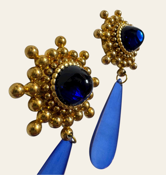 Massive Vintage Blue Gold Statement Clip On Earrings