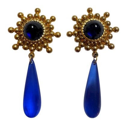 Massive Vintage Blue Gold Statement Clip On Earrings