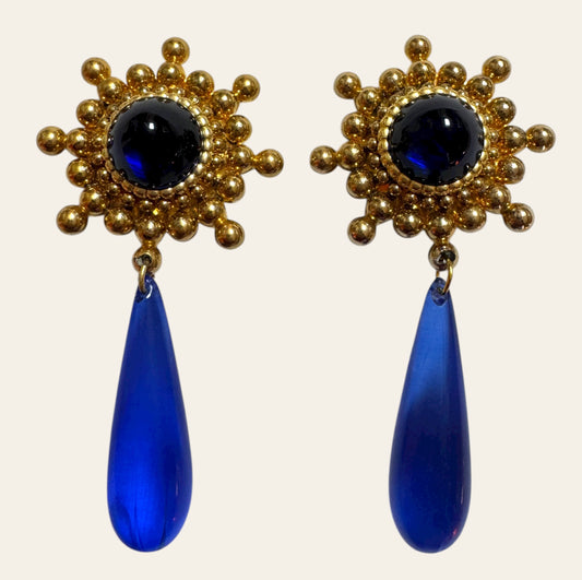Massive Vintage Blue Gold Statement Clip On Earrings