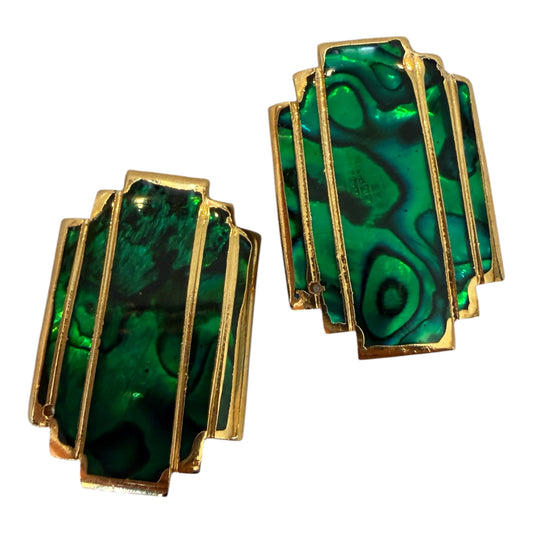 Green Art Deco Inspired Clip On Earrings