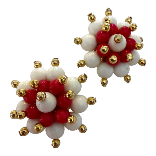 1960's Red And White Beaded Clip On Earrings