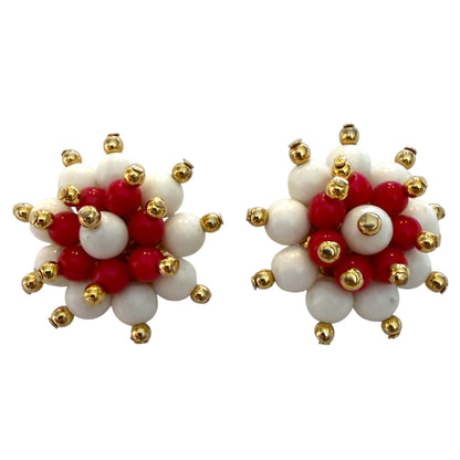 1960's Red And White Beaded Clip On Earrings