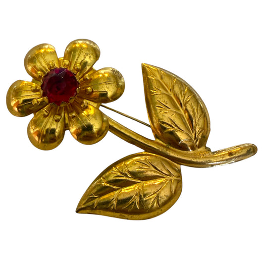 Art Nouveau Gold Metal Flower Brooch with Red Ruby Tone Center