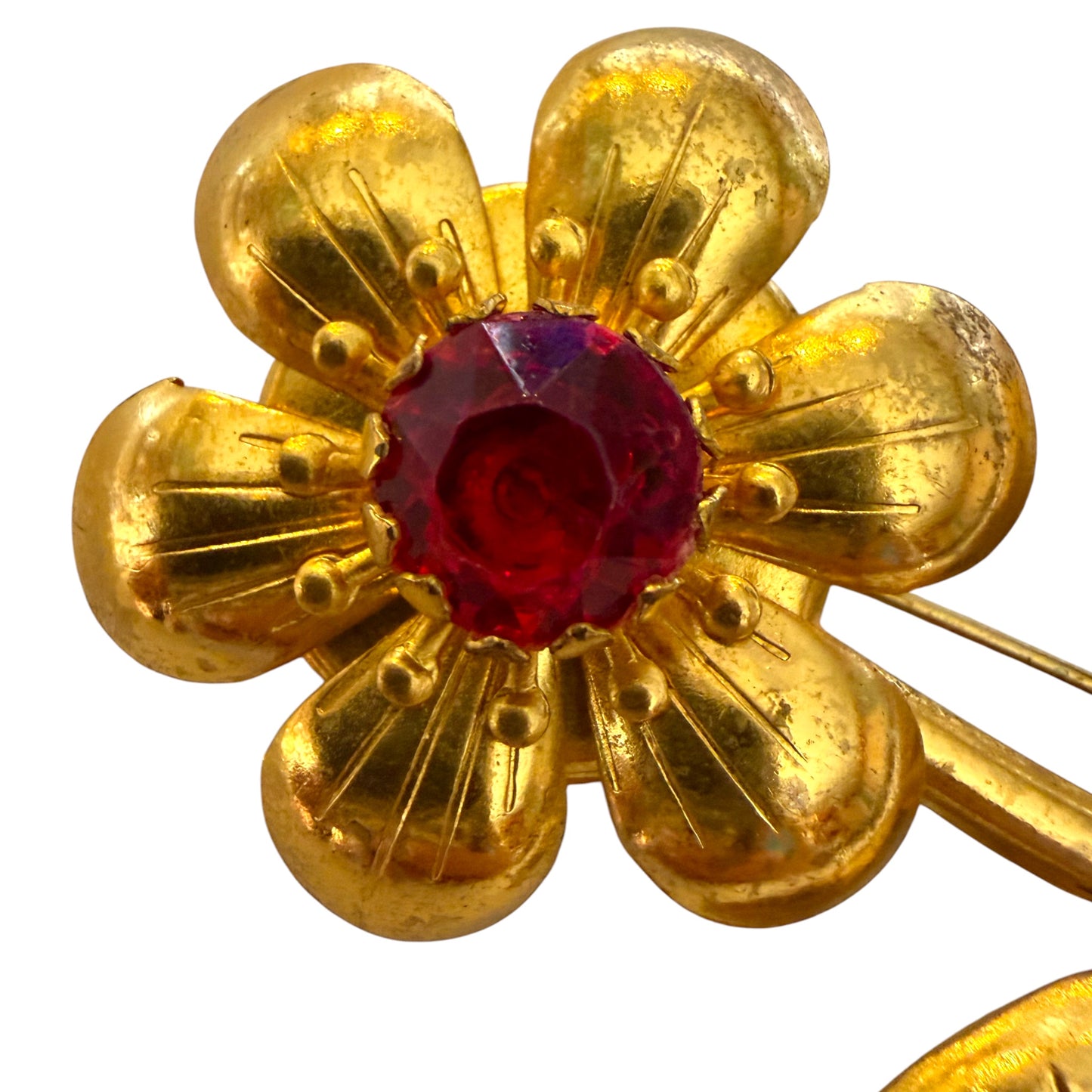 Art Nouveau Gold Metal Flower Brooch with Red Ruby Tone Center