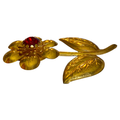 Art Nouveau Gold Metal Flower Brooch with Red Ruby Tone Center
