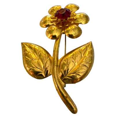 Art Nouveau Gold Metal Flower Brooch with Red Ruby Tone Center