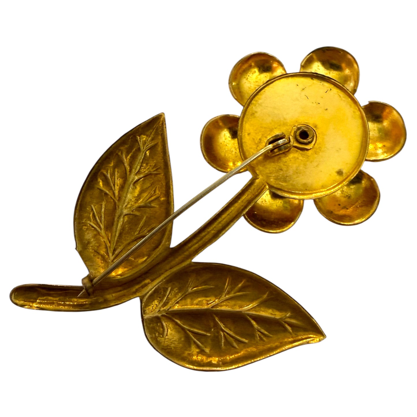 Art Nouveau Gold Metal Flower Brooch with Red Ruby Tone Center