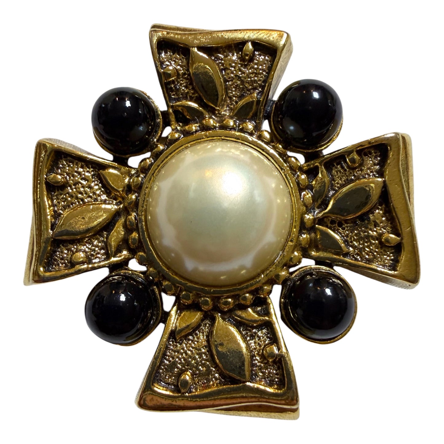 1980's Maltese Cross Brooch with Faux Pearl