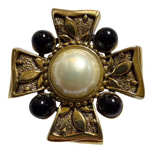 1980's Maltese Cross Brooch with Faux Pearl