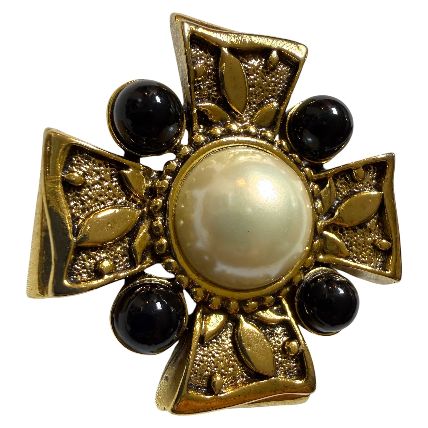 1980's Maltese Cross Brooch with Faux Pearl