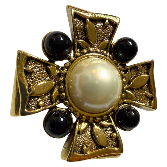 1980's Maltese Cross Brooch with Faux Pearl