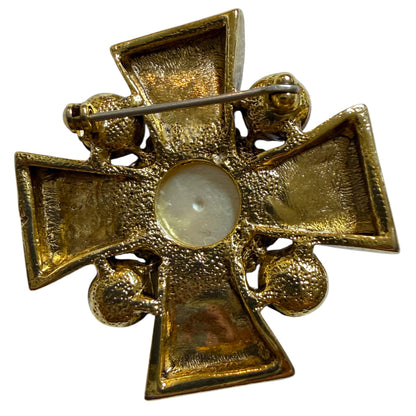 1980's Maltese Cross Brooch with Faux Pearl