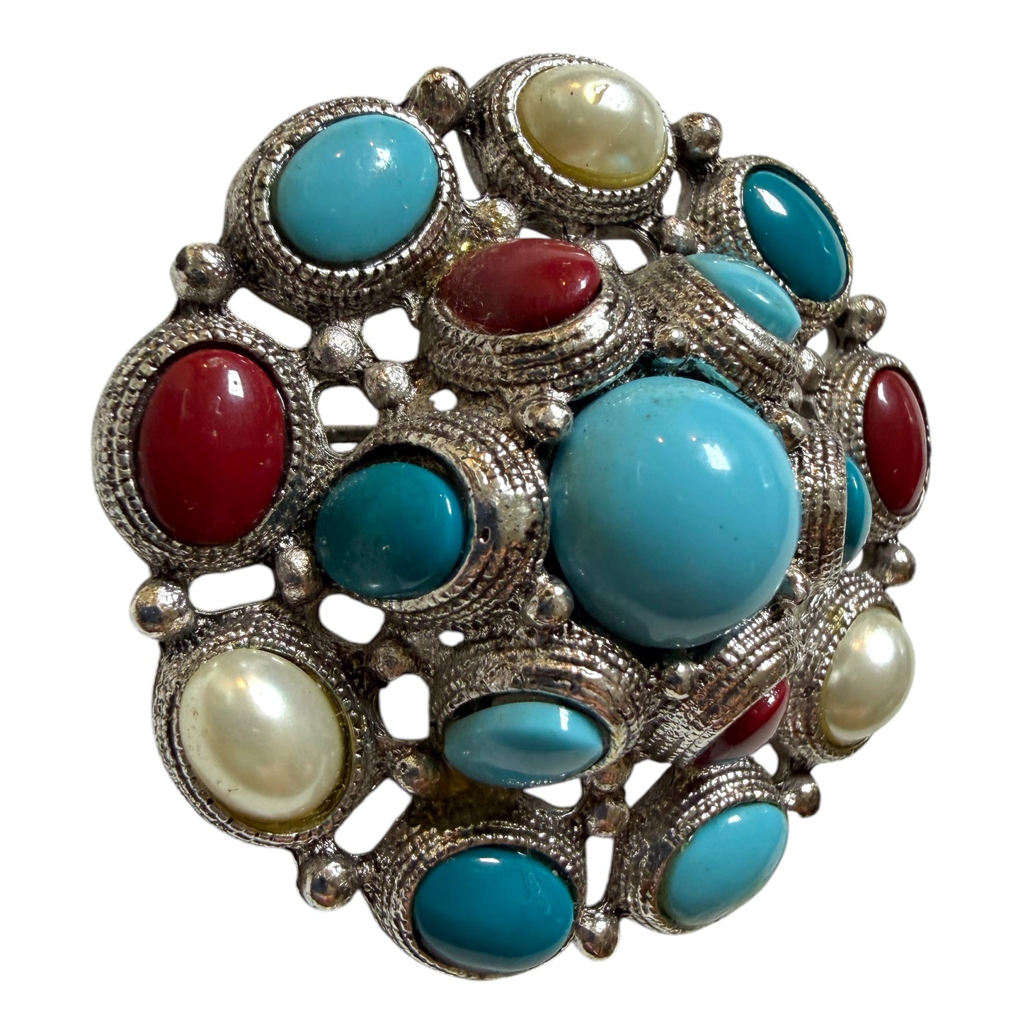 Silver Tone Brooch with Faux Cabochons