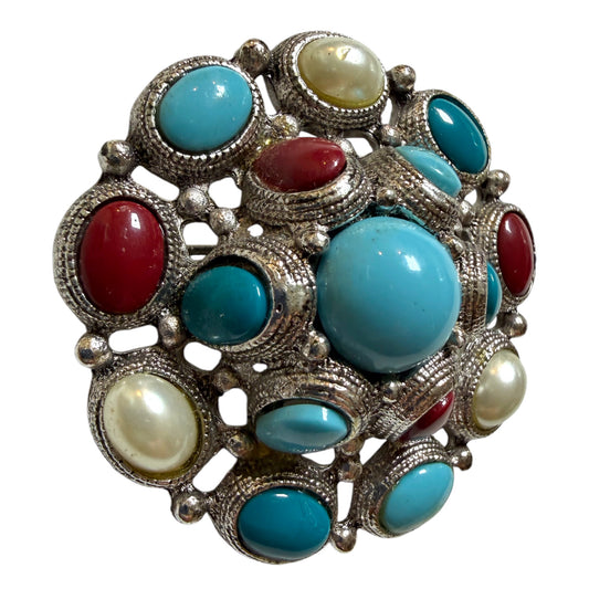 Silver Tone Brooch with Faux Cabochons