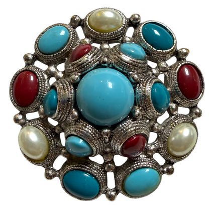 Silver Tone Brooch with Faux Cabochons