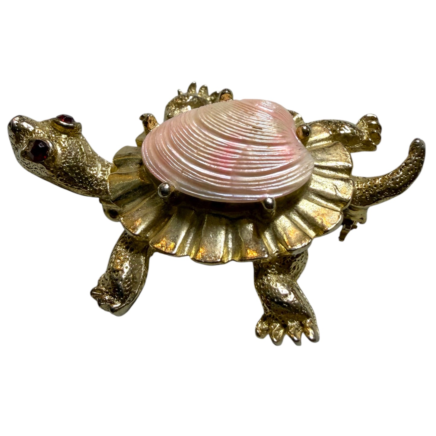 Signed Gold Tone Pink Shell Turtle Brooch