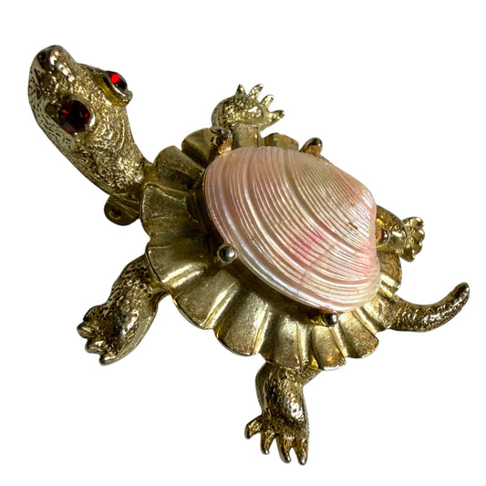 Signed Gold Tone Pink Shell Turtle Brooch