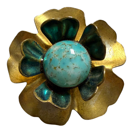 Flower Brooch with Blue Faux Painted Cabochon