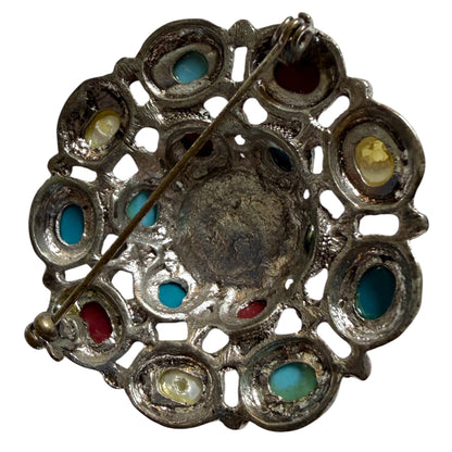 Silver Tone Brooch with Faux Cabochons