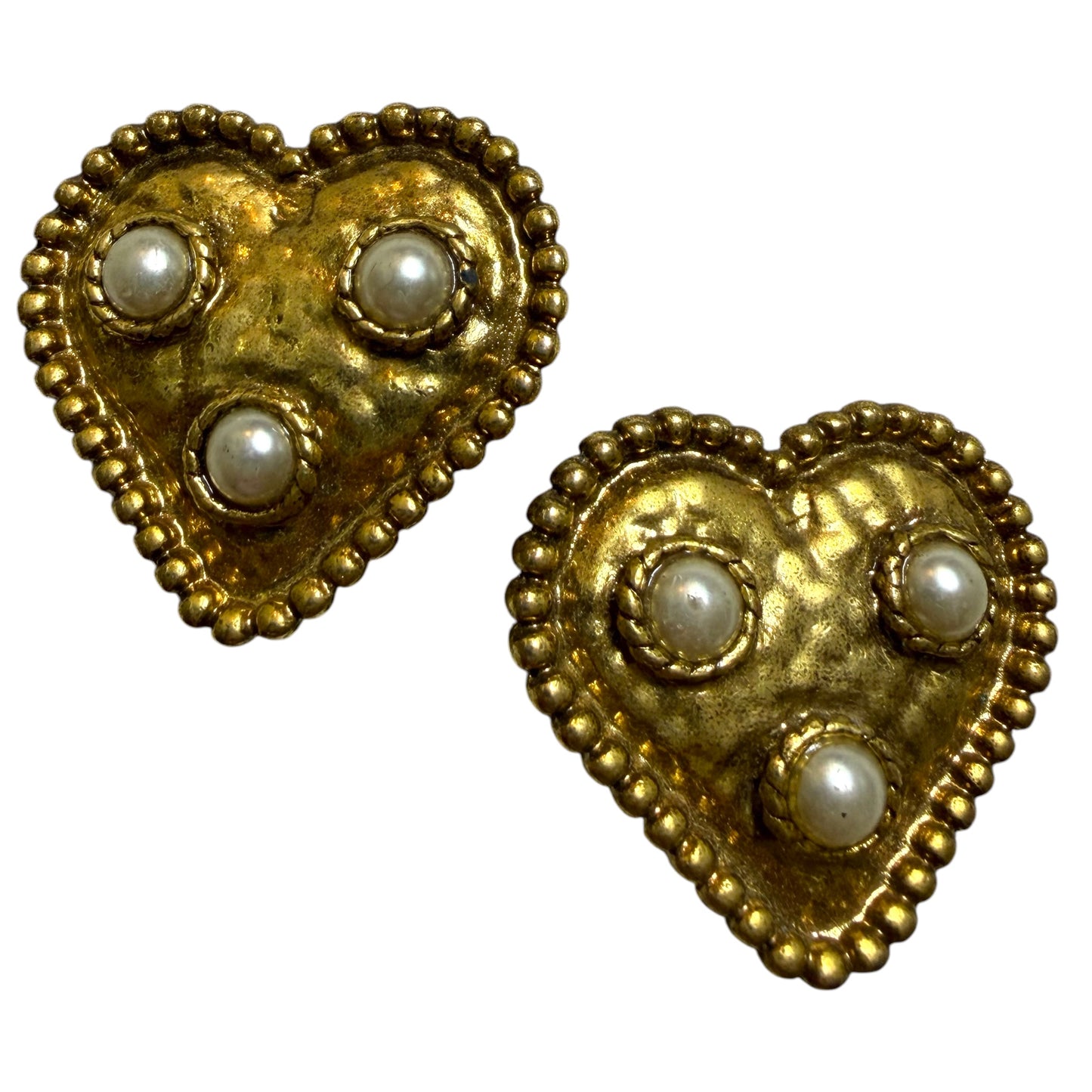 Vintage Gold Tone Heart Pearl Clip On Earrings