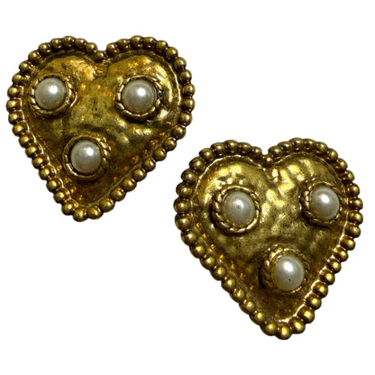 Vintage Gold Tone Heart Pearl Clip On Earrings
